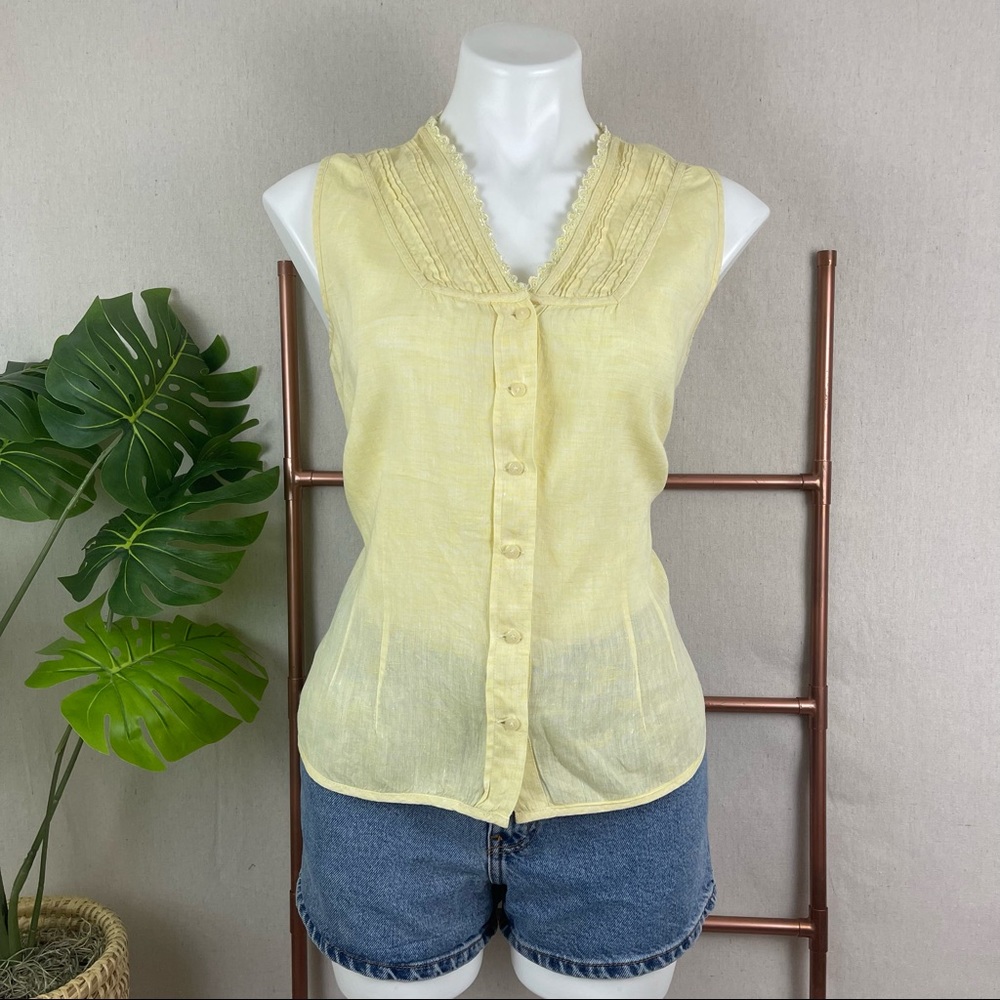 J. Jill Pale Yellow Linen Sleeveless Button-down Shirt (Sz Medium)